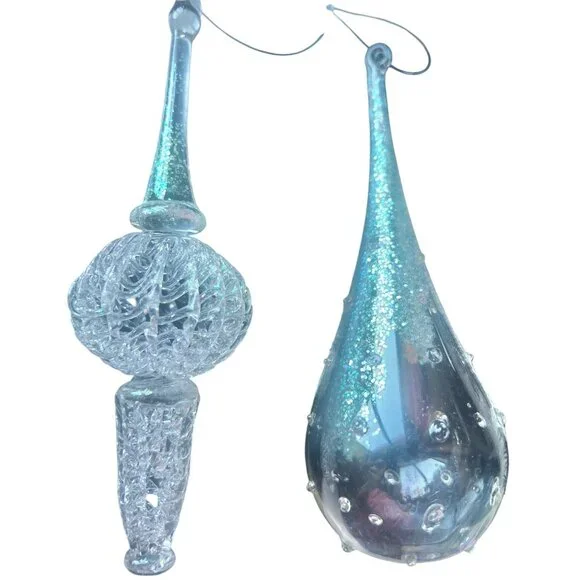 Set Of 2 Iridescent Spun Glass Spire & Glass Teardrop Ornaments Glitter Accents - Picture 6 of 11